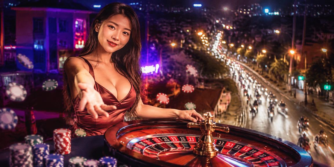 Bàn roulette neon tại Đà Lạt trong không gian sòng bài hiện đại ban đêm